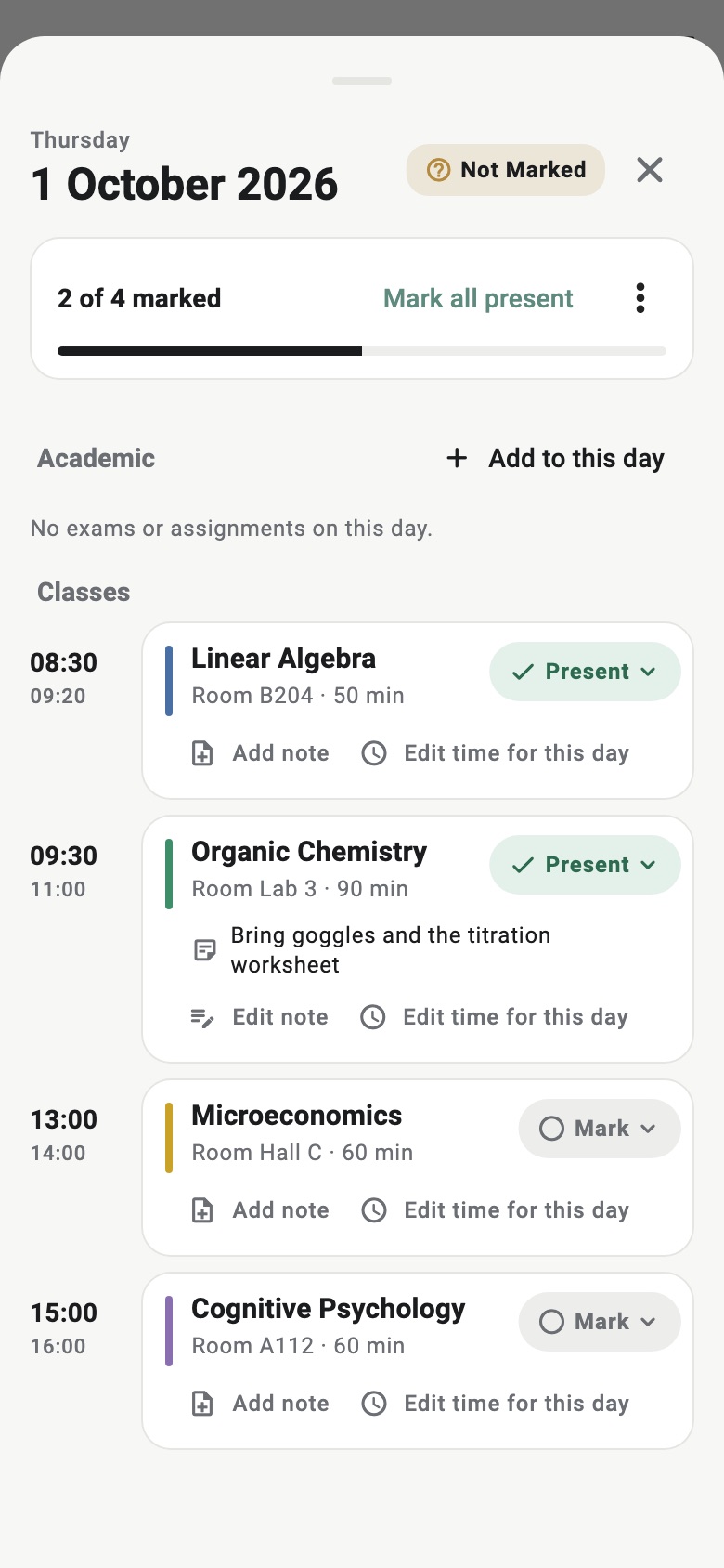 Calendar day detail in Classly
